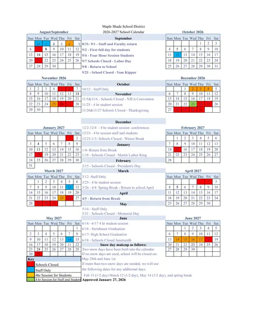 Maple Shade School District 2026–2027 Academic Calendar