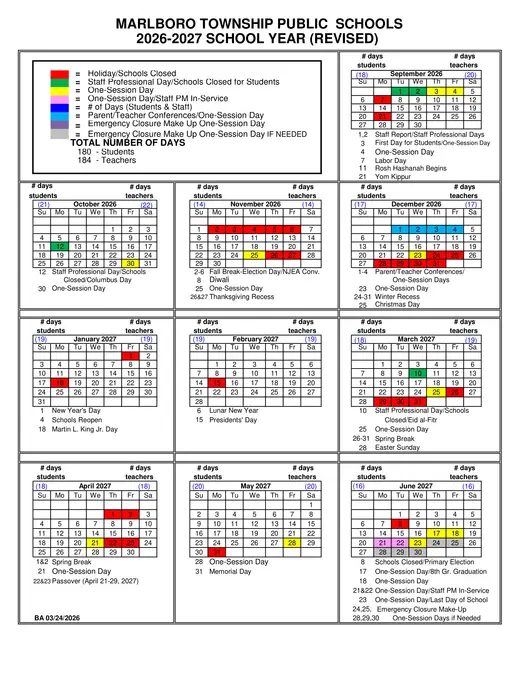 Marlboro Township Public Schools 2026–2027 Academic Calendar Page 1