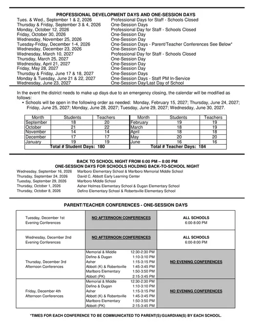 Marlboro Township Public Schools 2026–2027 Academic Calendar Page 2