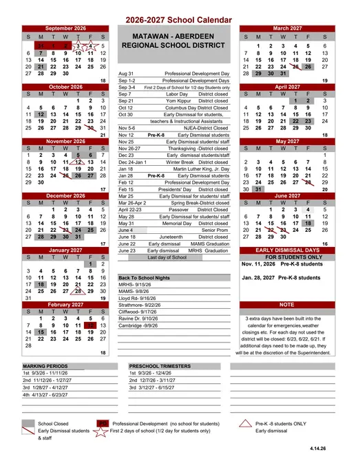Matawan - Aberdeen Regional School District 2026–2027 Academic Calendar