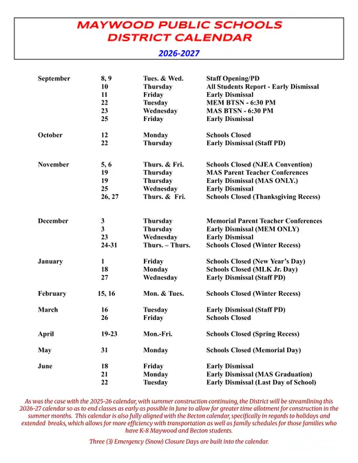 Maywood Public Schools District 2026–2027 Academic Calendar Page 1