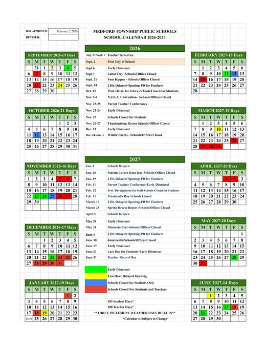 Medford Township Public Schools 2026–2027 Academic Calendar