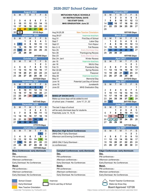 Metuchen Public Schools 2026–2027 Academic Calendar