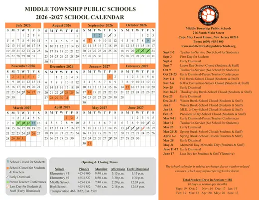 Middle Township Public Schools 2026–2027 Academic Calendar