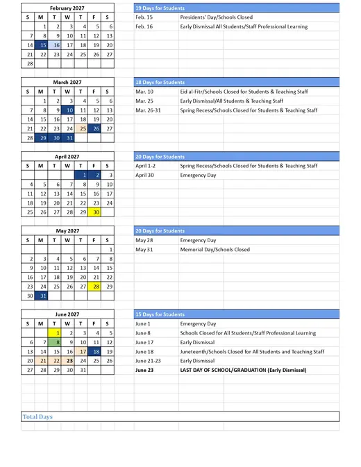 Middlesex Borough Public Schools 2026–2027 Academic Calendar Page 2