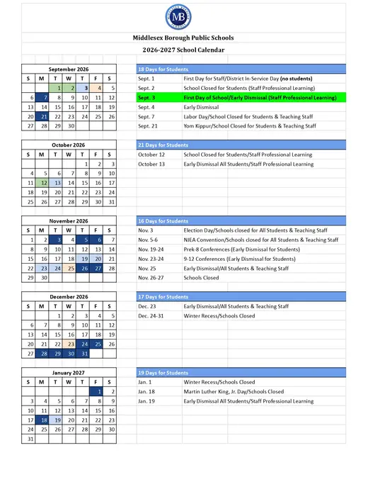 Middlesex Borough Public Schools 2026–2027 Academic Calendar Page 4