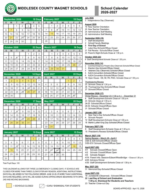 Middlesex County Magnet Schools 2026–2027 Academic Calendar