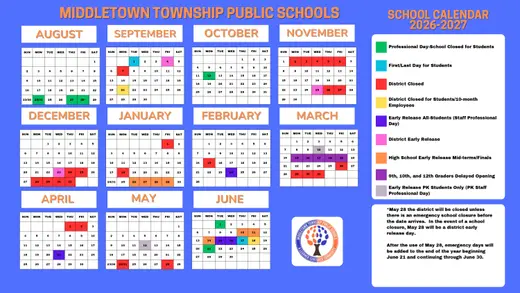 Middletown Township Public Schools 2026–2027 Academic Calendar Page 1