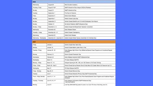 Middletown Township Public Schools 2026–2027 Academic Calendar Page 2