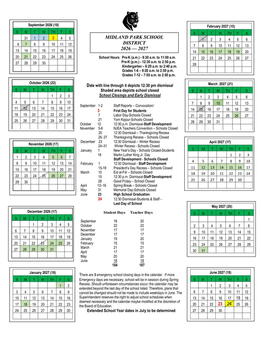 Midland Park School District 2026–2027 Academic Calendar Page 1