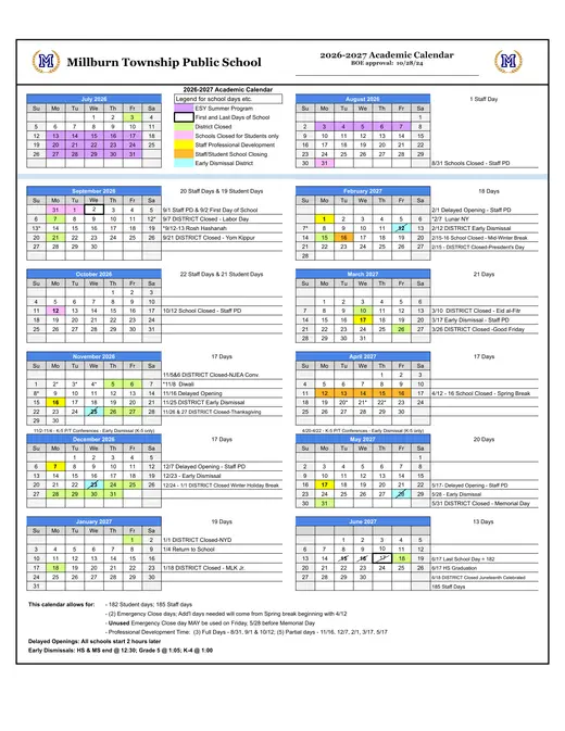 Millburn Township Public School 2026–2027 Academic Calendar