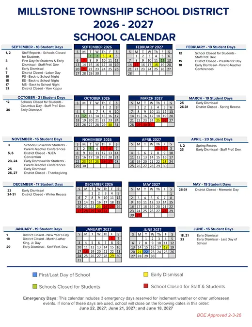Millstone Township School District 2026–2027 Academic Calendar