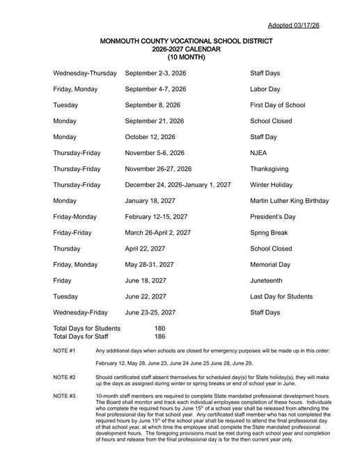 Monmouth County Vocational School District 2026–2027 Academic Calendar