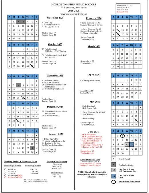 Monroe Township Public Schools 2025–2026 Academic Calendar