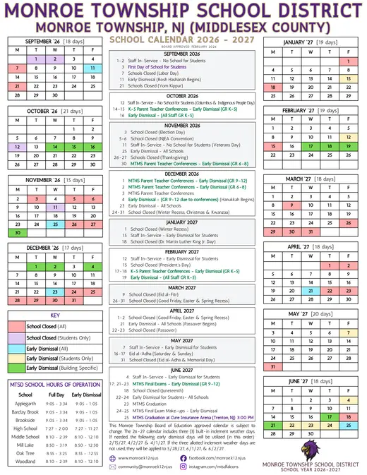 Monroe Township School District 2026–2027 Academic Calendar