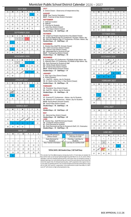 Montclair Public School District 2026–2027 Academic Calendar Page 1