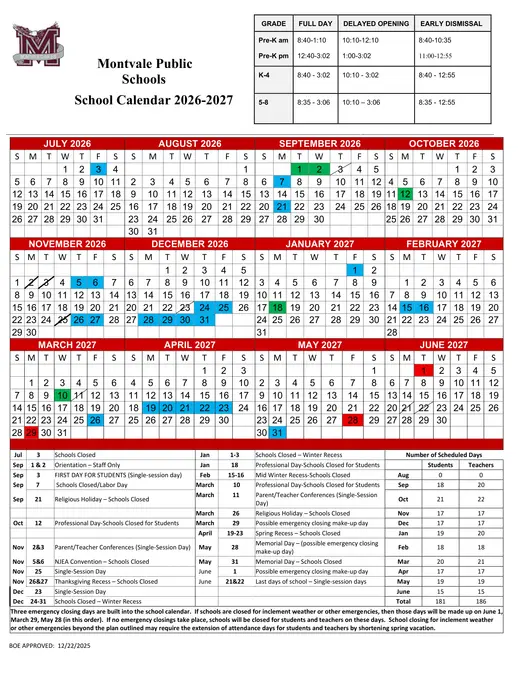 Montvale Public Schools 2026–2027 Academic Calendar
