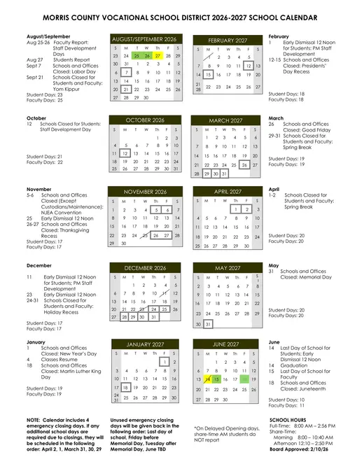 Morris County Vocational School District 2026–2027 Academic Calendar Page 1