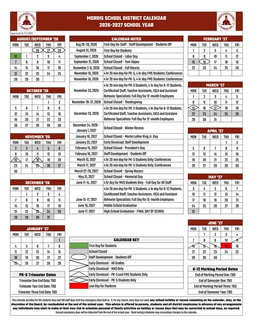 Morris School District 2026–2027 Academic Calendar