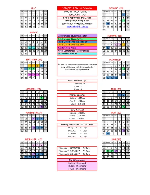 Mount Holly Township School District 2026–2027 Academic Calendar Page 1