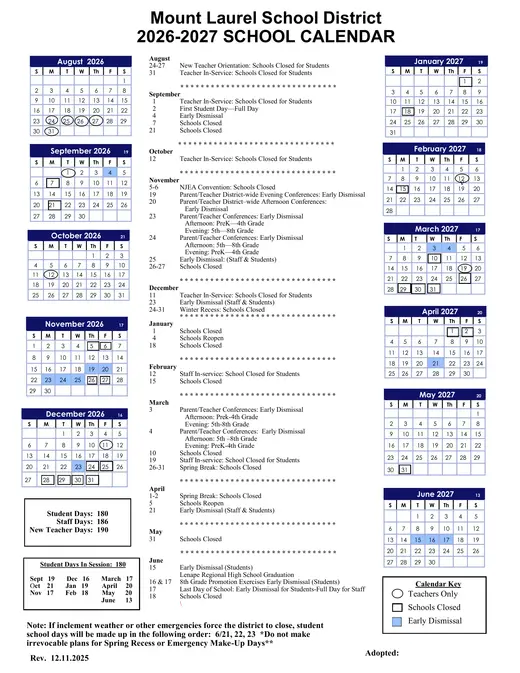 Mount Laurel School District 2026–2027 Academic Calendar