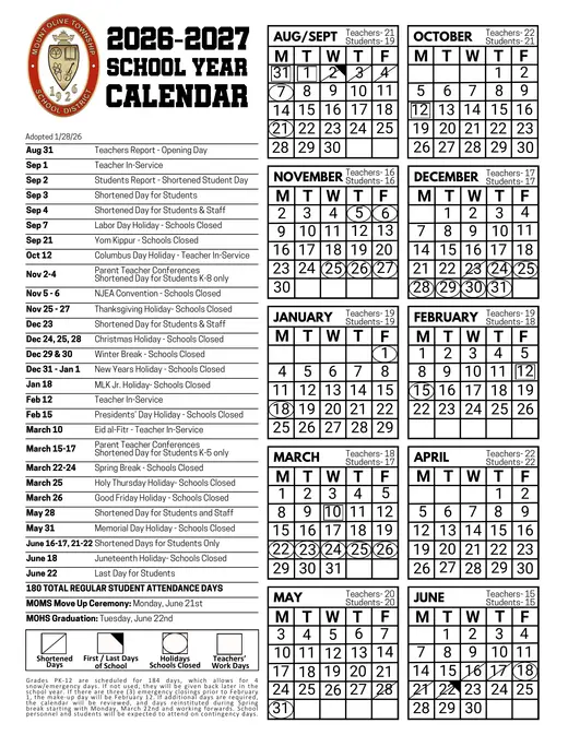 Mount Olive Township School District 2026–2027 Academic Calendar