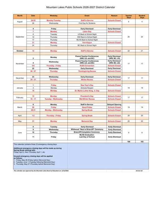 Mountain Lakes Public Schools 2026–2027 Academic Calendar