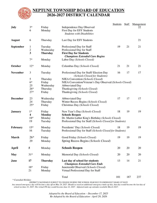 Neptune Township Board of Education 2026–2027 Academic Calendar Page 1