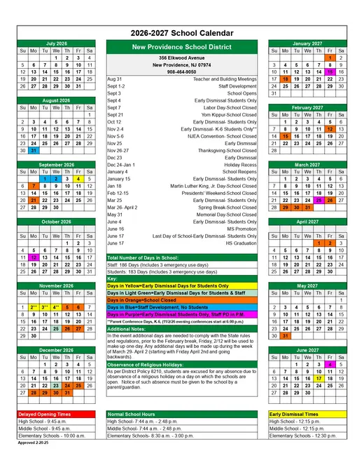 New Providence School District 2026–2027 Academic Calendar