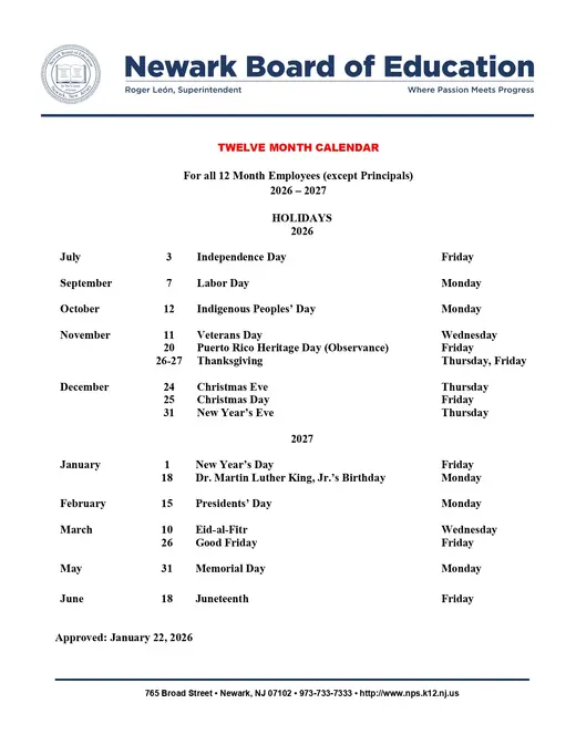 Newark Board of Education 2026–2027 Academic Calendar Page 1