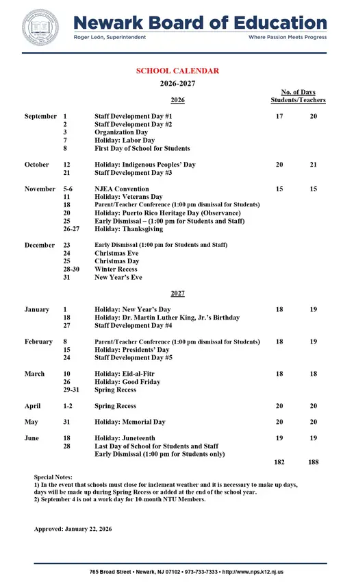 Newark Board of Education 2026–2027 Academic Calendar Page 2