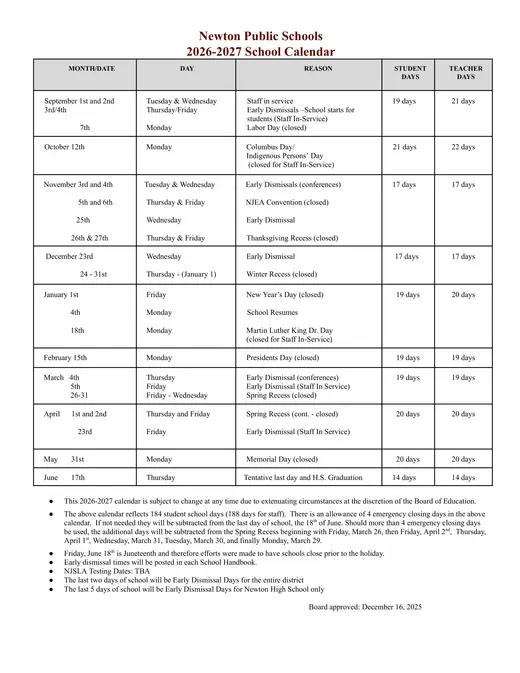 Newton Public Schools 2026–2027 Academic Calendar