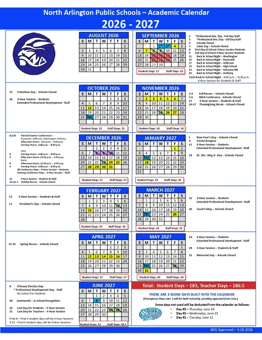 North Arlington Public Schools 2026–2027 Academic Calendar