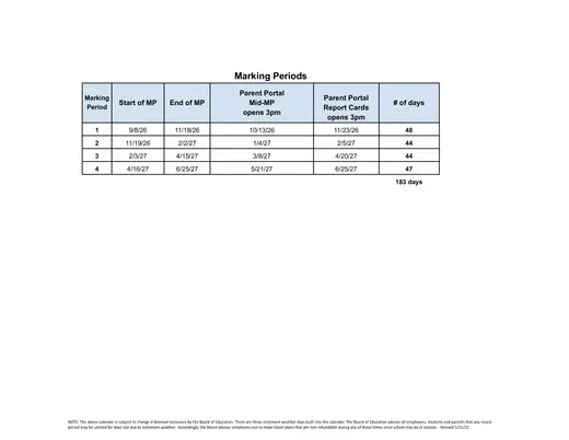 North Bergen School District 2026–2027 Academic Calendar Page 2
