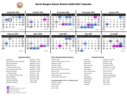 North Bergen School District 2026–2027 Academic Calendar Page 1