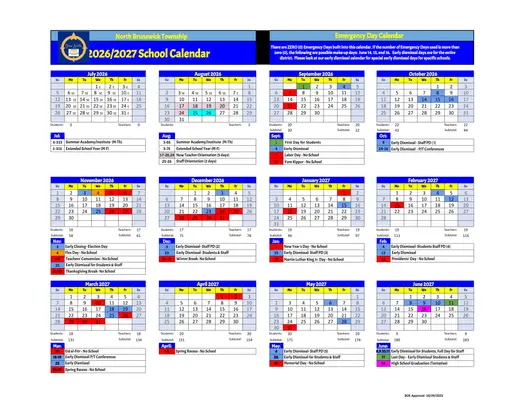 North Brunswick Township Schools 2026–2027 Academic Calendar Page 1