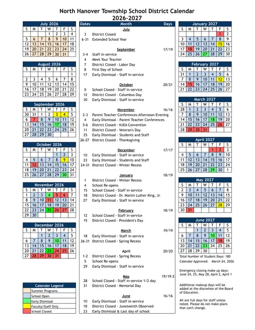 North Hanover Township School District 2026–2027 Academic Calendar
