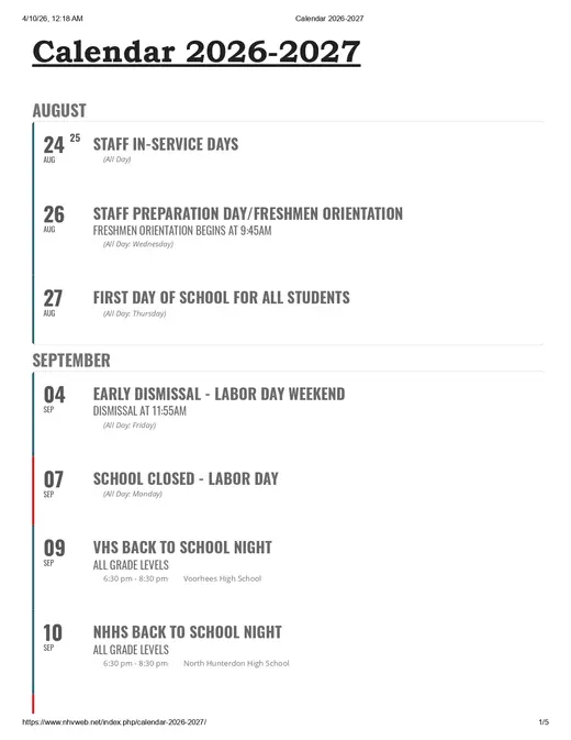 North Hunterdon-Voorhees Regional High School 2026–2027 Academic Calendar Page 1