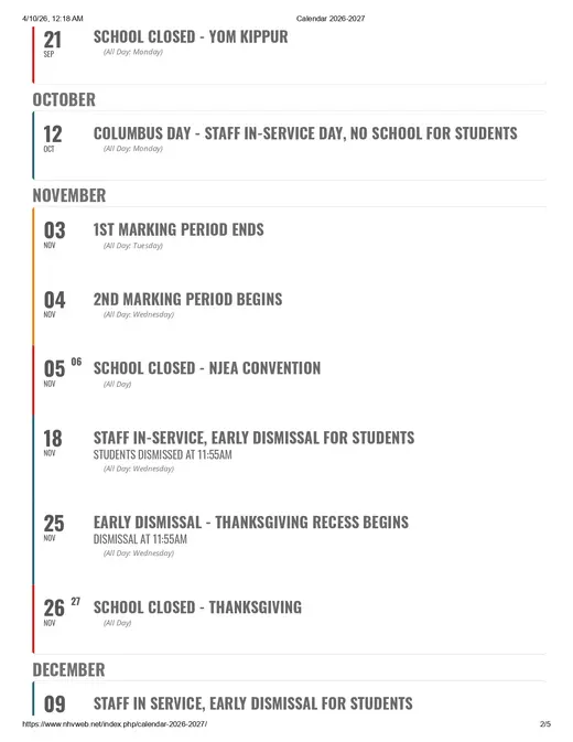 North Hunterdon-Voorhees Regional High School 2026–2027 Academic Calendar Page 2