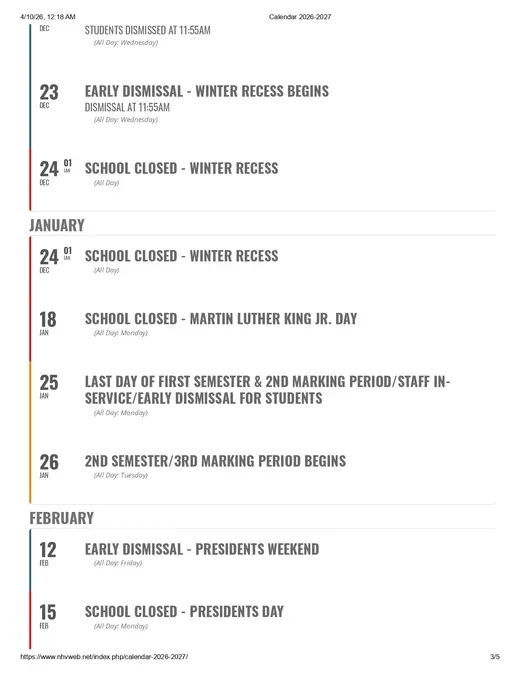 North Hunterdon-Voorhees Regional High School 2026–2027 Academic Calendar Page 3