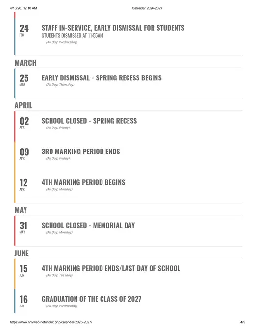 North Hunterdon-Voorhees Regional High School 2026–2027 Academic Calendar Page 4