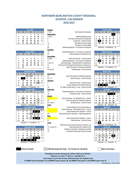 Northern Burlington County Regional School 2026–2027 Academic Calendar