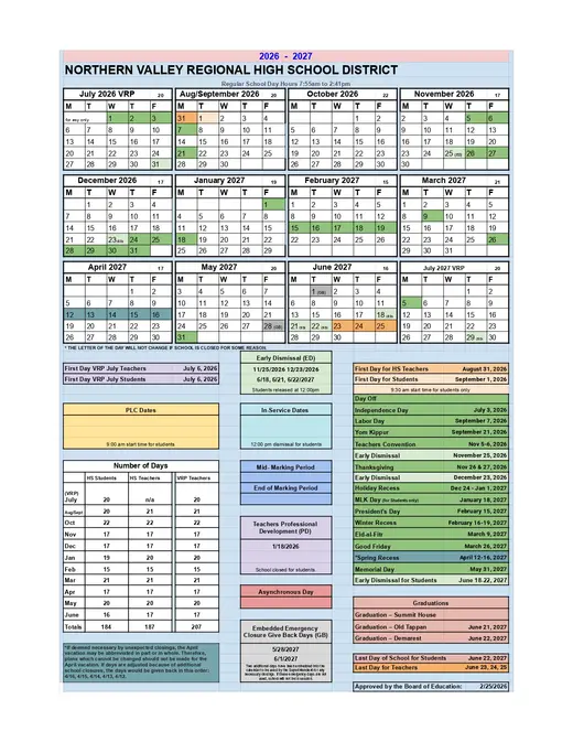Northern Valley Regional High School District 2026–2027 Academic Calendar