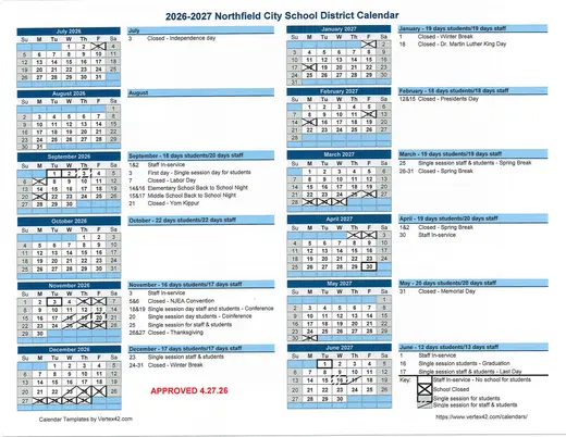 Northfield City School District 2026–2027 Academic Calendar Page 1