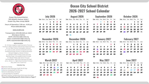 Ocean City School District 2026–2027 Academic Calendar Page 1