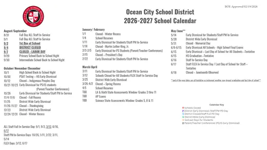 Ocean City School District 2026–2027 Academic Calendar Page 2