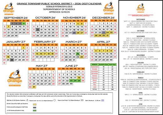 Orange Township Public School District 2026–2027 Academic Calendar
