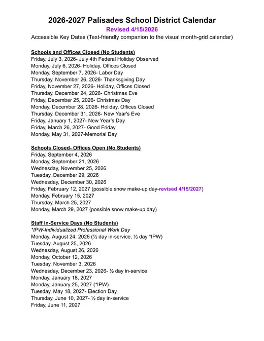 Palisades School District 2026–2027 Academic Calendar Page 1