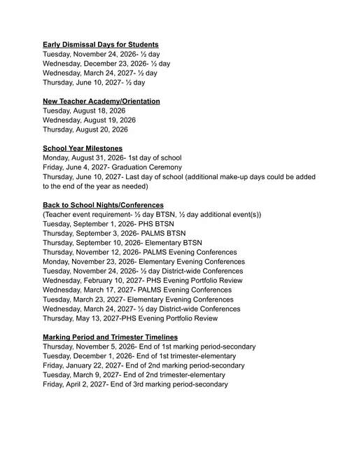 Palisades School District 2026–2027 Academic Calendar Page 2