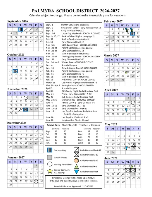 Palmyra School District 2026–2027 Academic Calendar Page 1